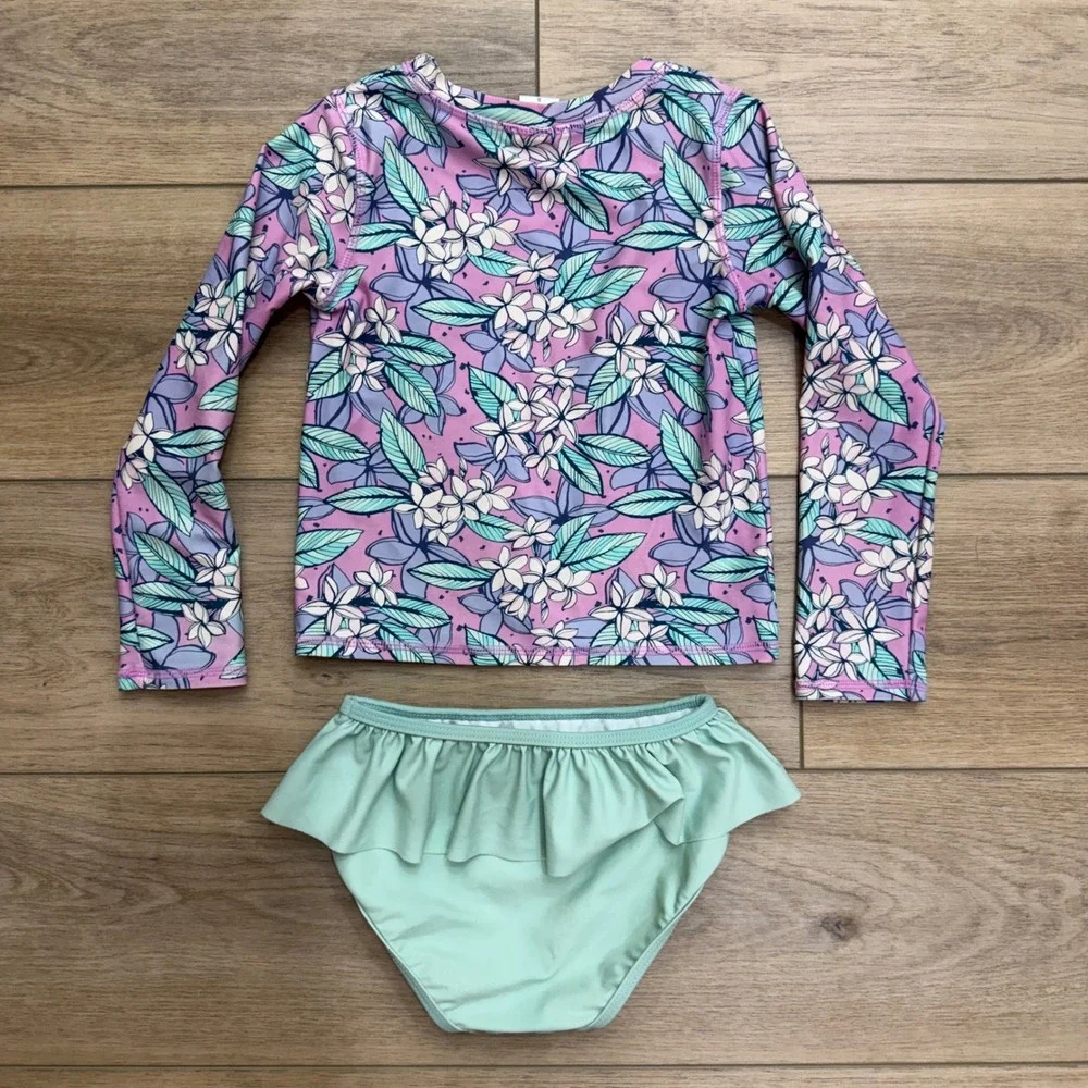 RuffleButts Girls Size 5 Floral Rash Guard and Ruffle Bikini Bottom Swim Set